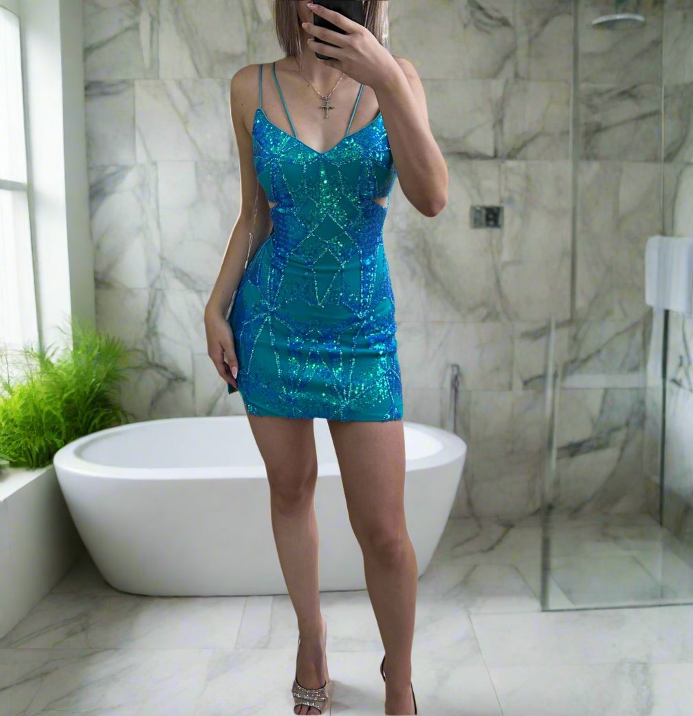The Azurea l Iridescent Sequin Cut-Out Mini Dress