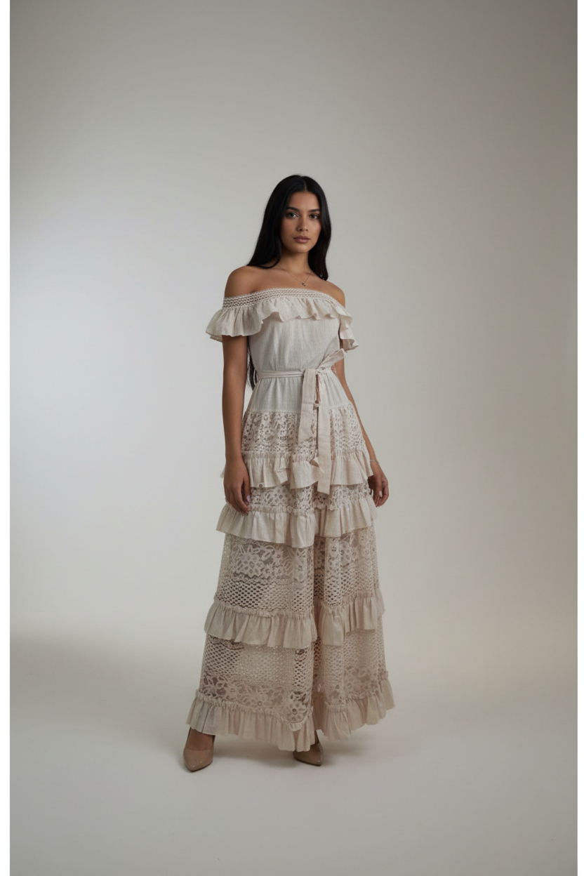 The Isabella l Artisanal Cotton Off-Shoulder Maxi Dress