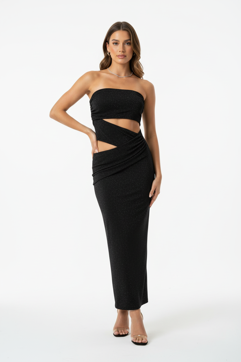 Seraphina Noir | Sculptural Strass Cut-Out Maxi Dress