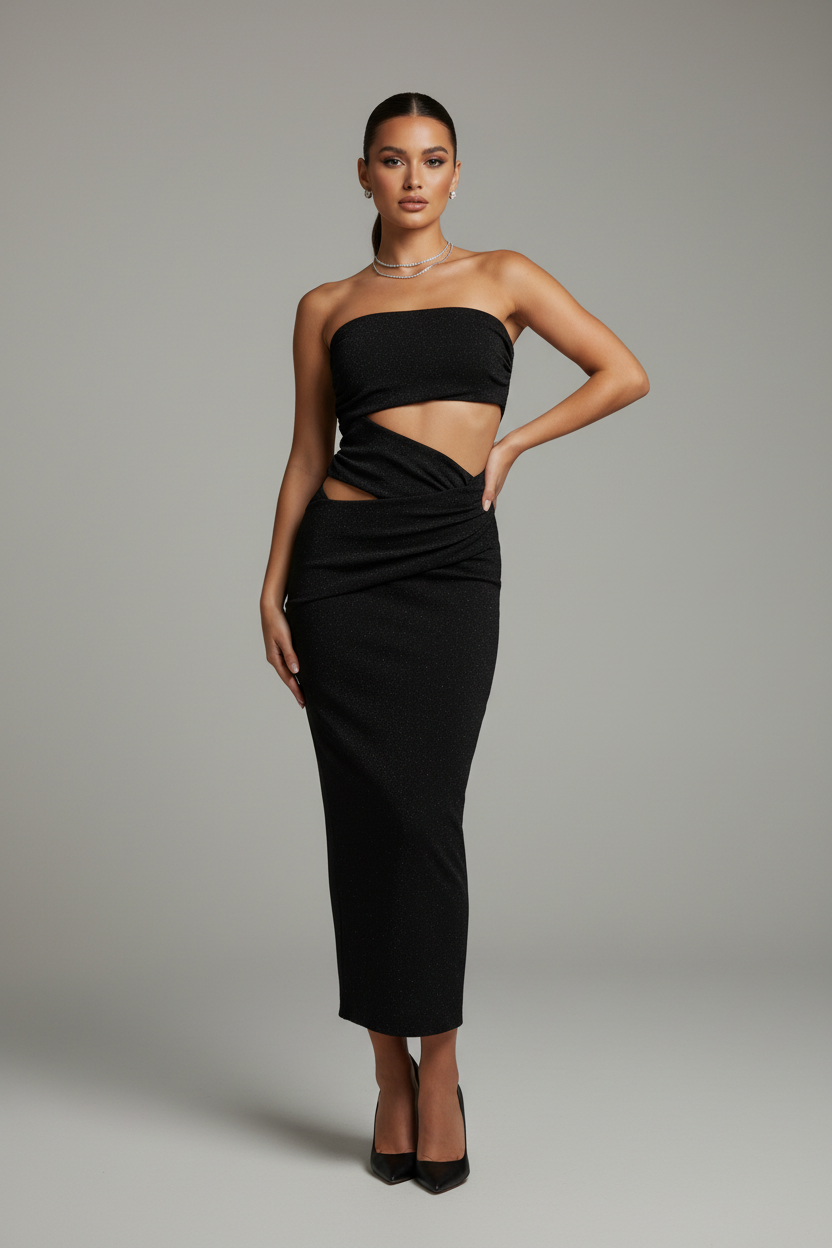 Seraphina Noir | Sculptural Strass Cut-Out Maxi Dress