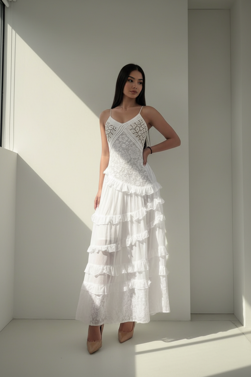 The Seraphina l Tiered Lace & Crochet Maxi Dress
