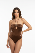the Solene l Rosette Metallic Halter Bodysuit Top
