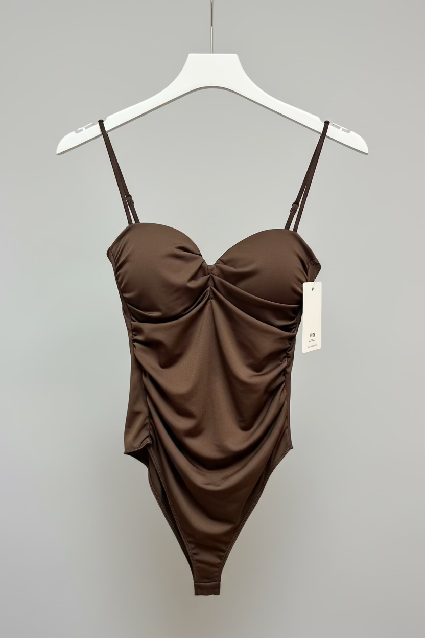 Ruched Draped Bodysuit – Espresso Brown