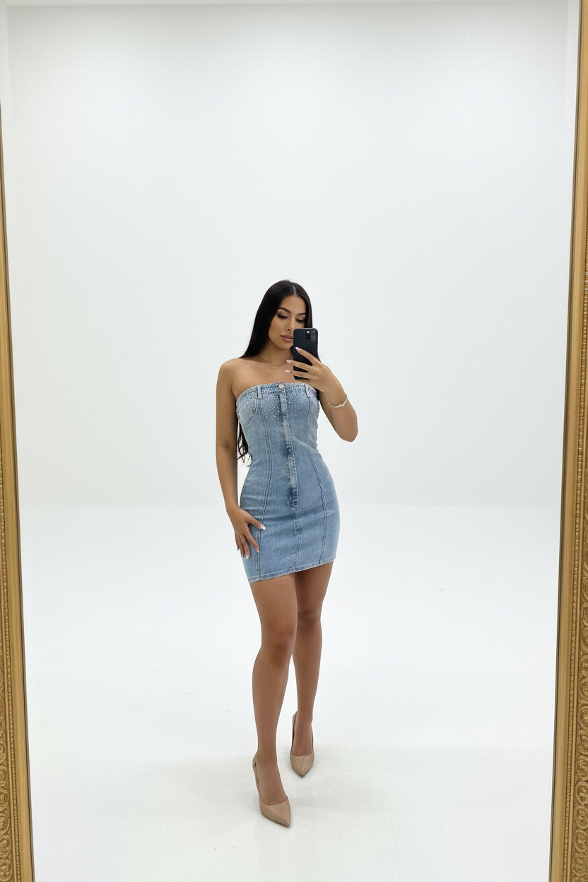 The Capri Rhinestone Denim Dress – Mid Wash